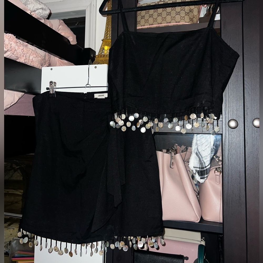 Jason Wu Pearl Fringe Linen Blend Crop Top and Skirt Set